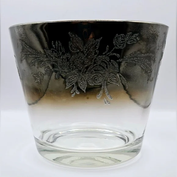 Vintage Silver Ombre Glass Ice Bucket Floral Etched w Tongs MCM Style - Picture 6 of 8